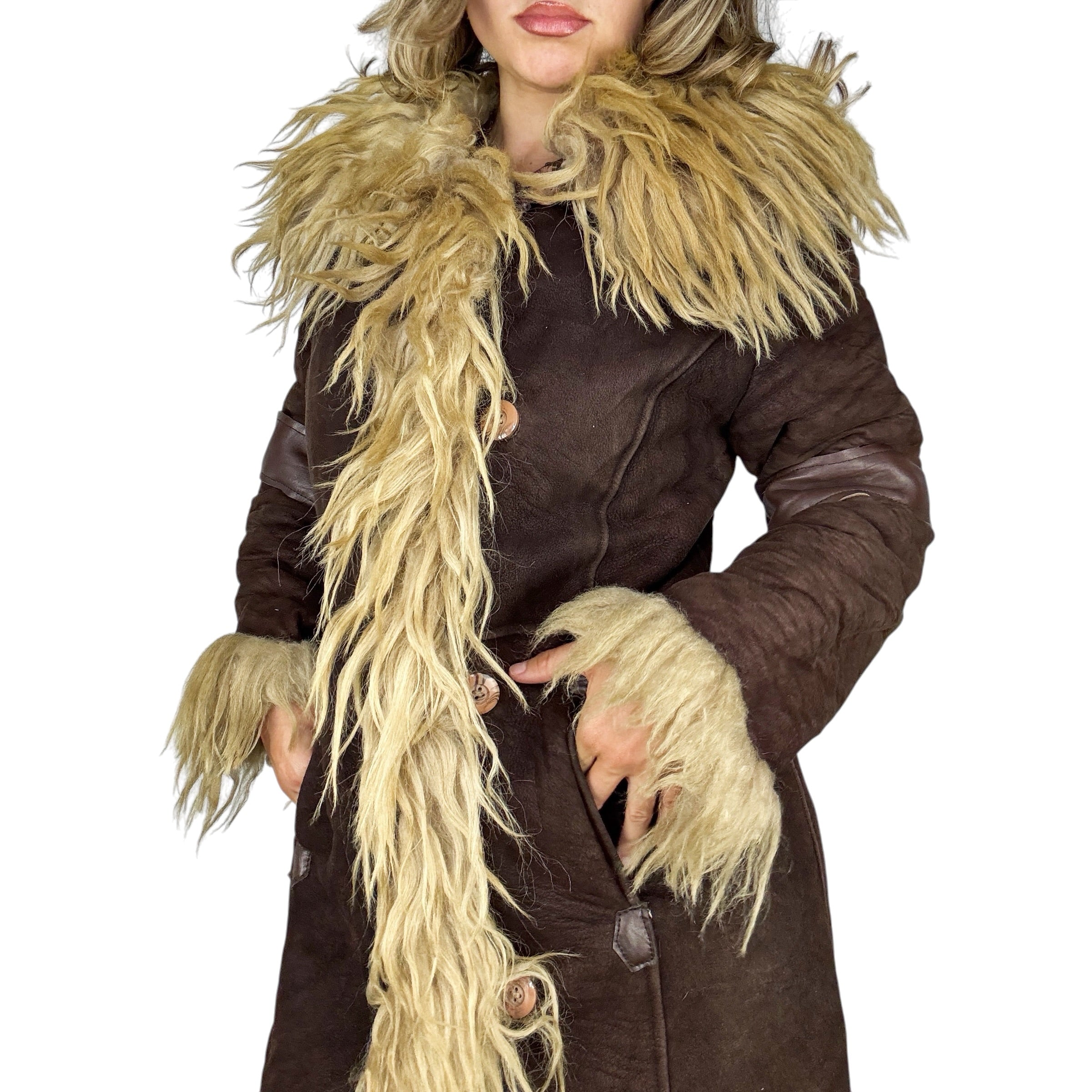 1970s Genuine Suede & Shearling Fur Trim Penny Lane Coat (L)