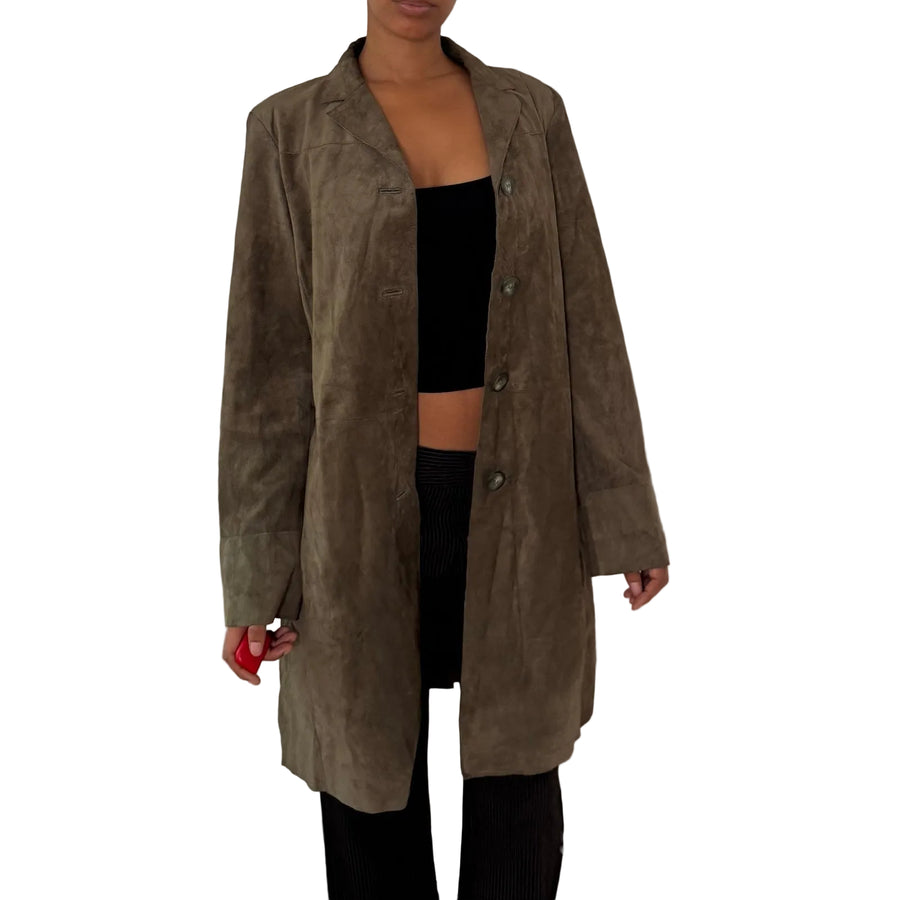Euro vintage khaki olive genuine suede leather longline coat with button front