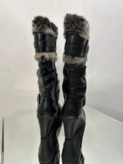 2000s Buckle Faux Leather & Fur Trim Wedge Boots (US 6)