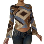 Vintage Brown Blue Geometric Glitter Mesh Top (S) ⠀