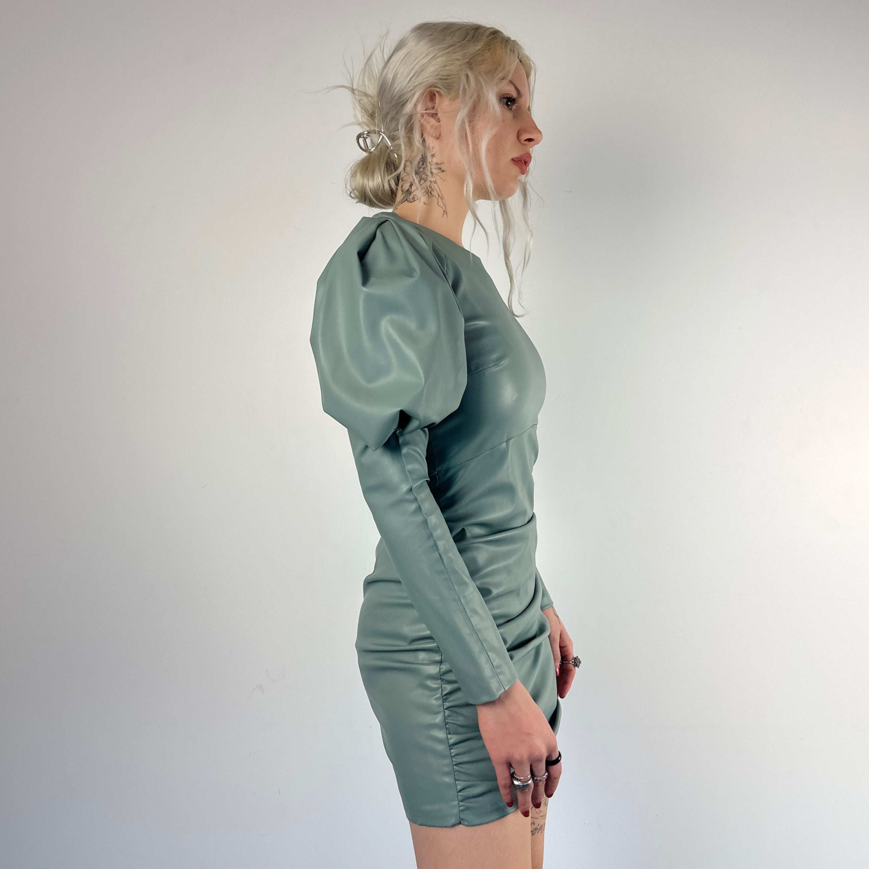 Faux Leather Puff Sleeve Mini Dress (S)