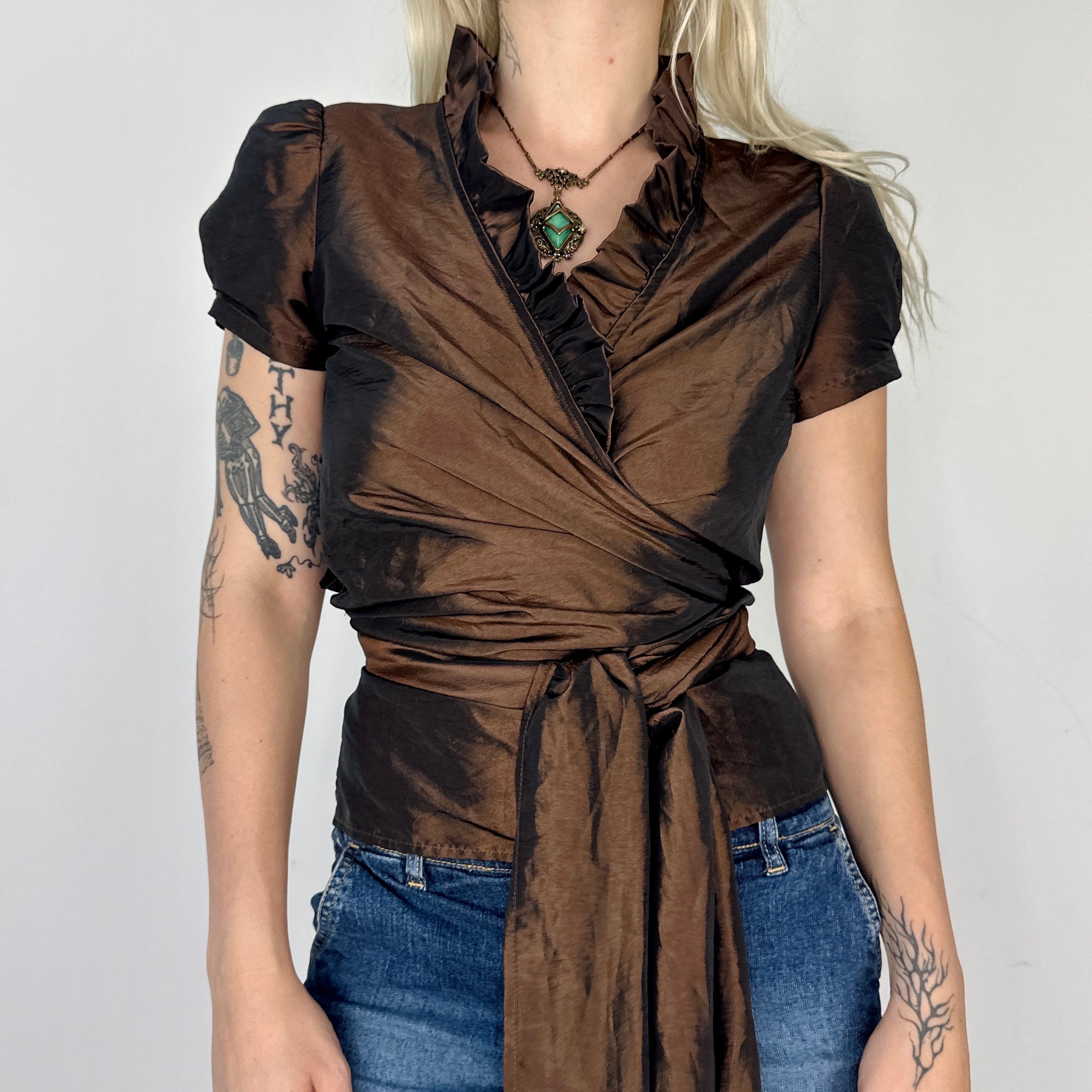 Chocolate Metallic Wraparound Blouse (M)