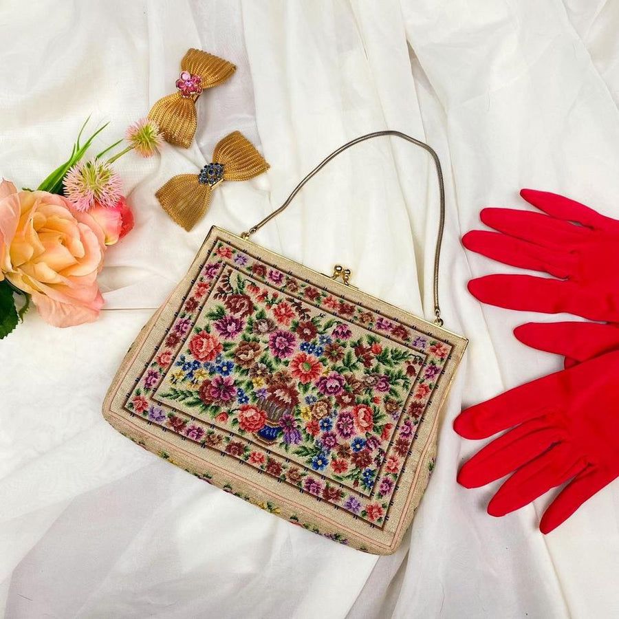Vintage Floral Needlepoint Evening Bag