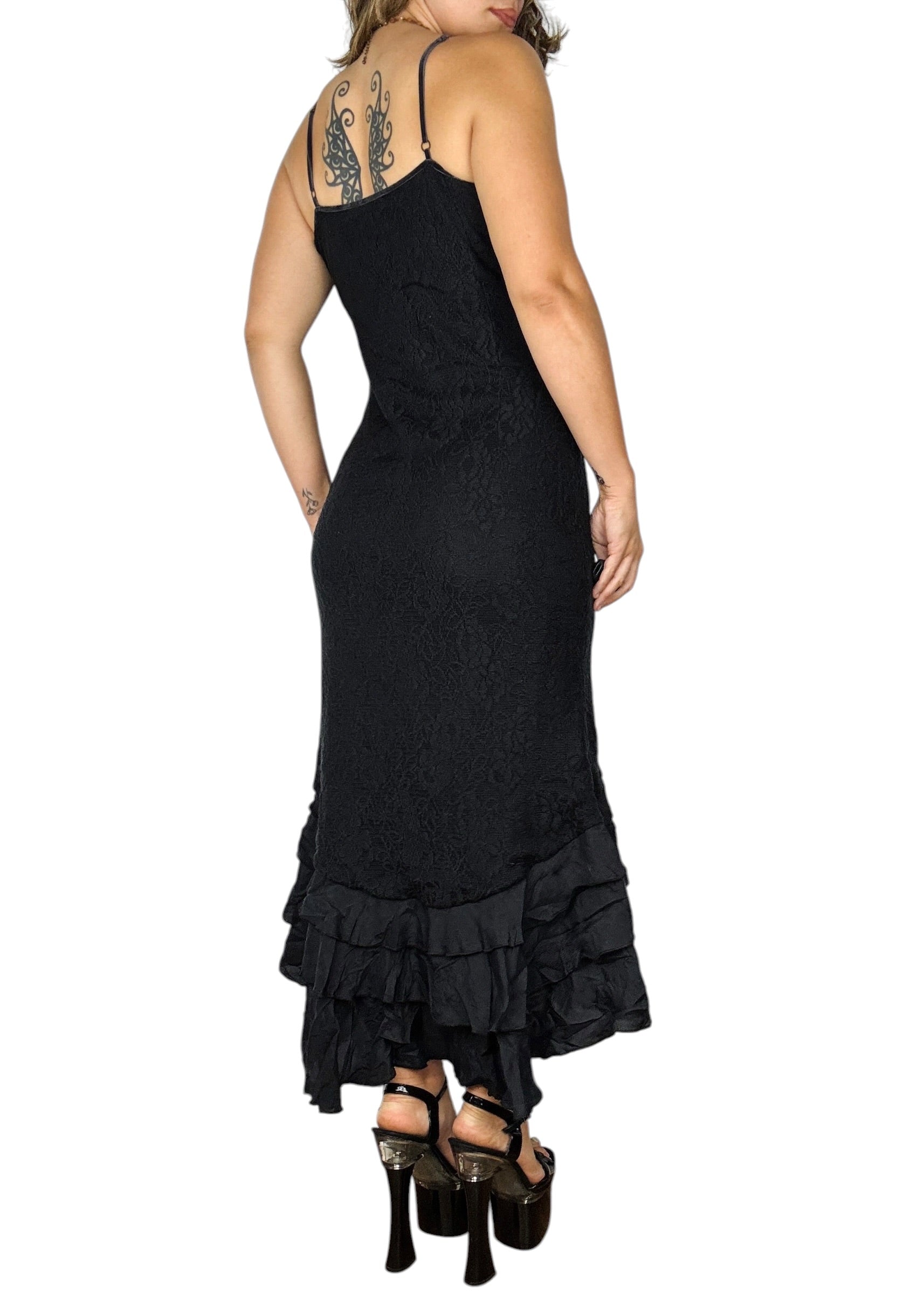 Vintage Black Lace Silk Ruffle Detail Midi Dress (M/L)