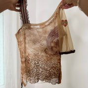 Shirt Passion Italian vintage Y2K cream & brown asymmetrical mesh top with embroidered floral appliqués, leopard print back & one shoulder detail