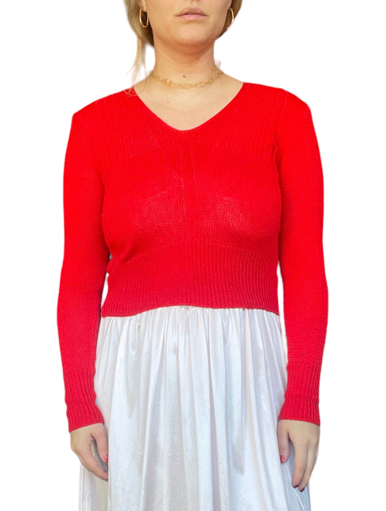 1970s Red Knit Sweater Top (S)