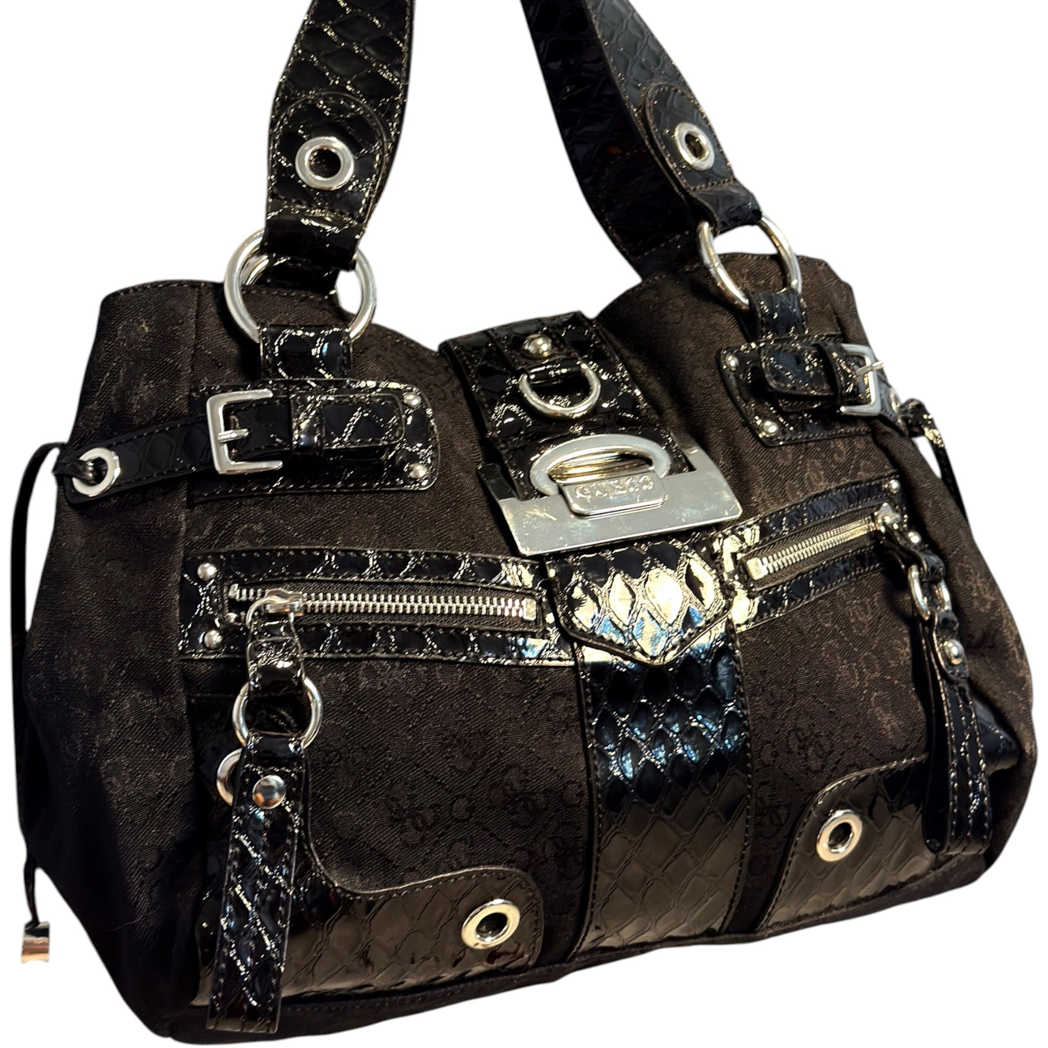 Vintage black GUESS monogram canvas and faux-crocodile shoulder bag