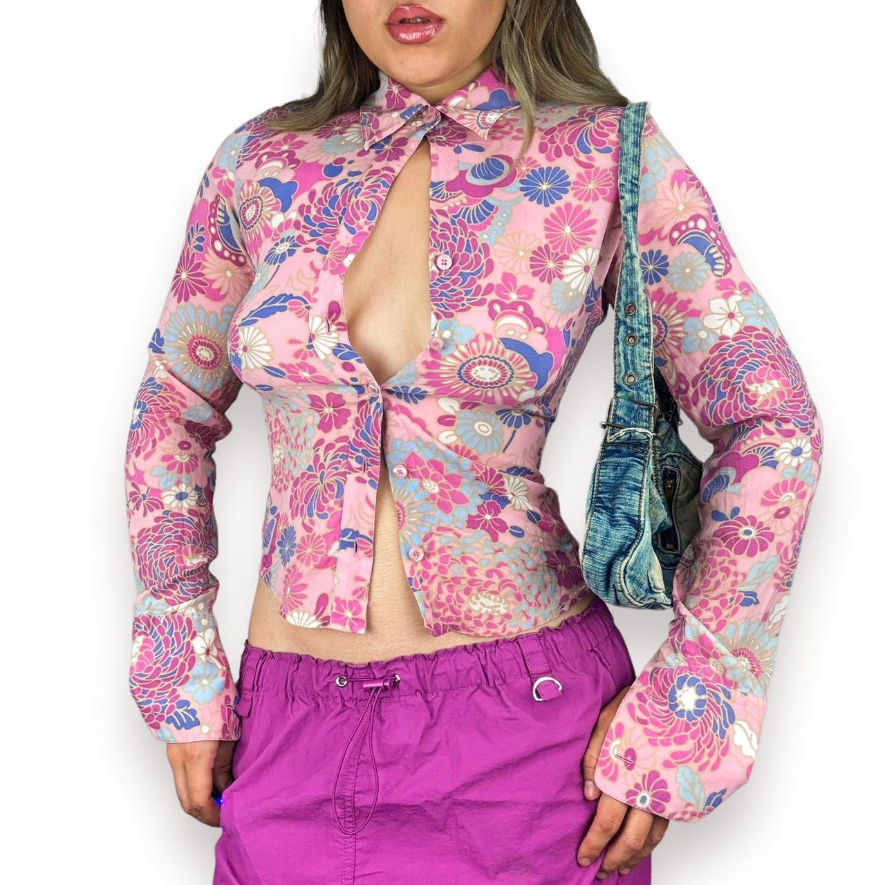 2000s Silk Floral Button Down (XS)