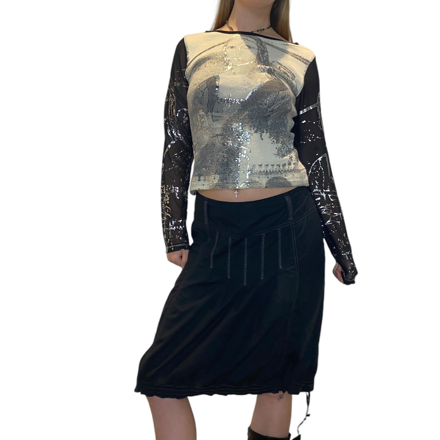 Vintage Mona Lisa Graphic Print Knitted Mesh Long Sleeve Top (S/M)