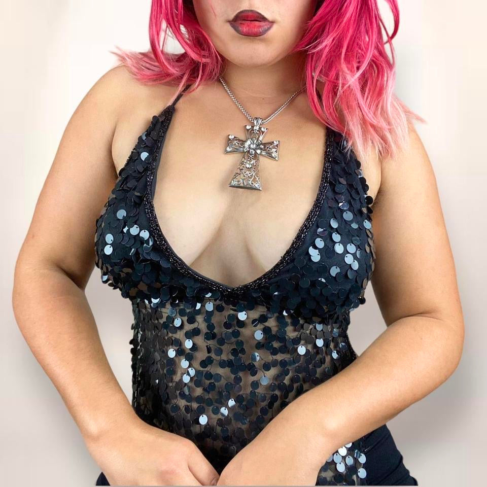 Y2K Beaded Backless Mesh Halter Top (One Size)
