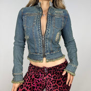 Rhinestone Studded Distressed Denim Jacket (M)