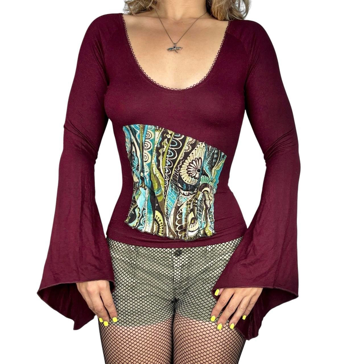 Euro Vintage Burgundy Bell Sleeve Patchwork Accent Top (S)
