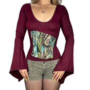 Euro Vintage Burgundy Bell Sleeve Patchwork Accent Top (S)