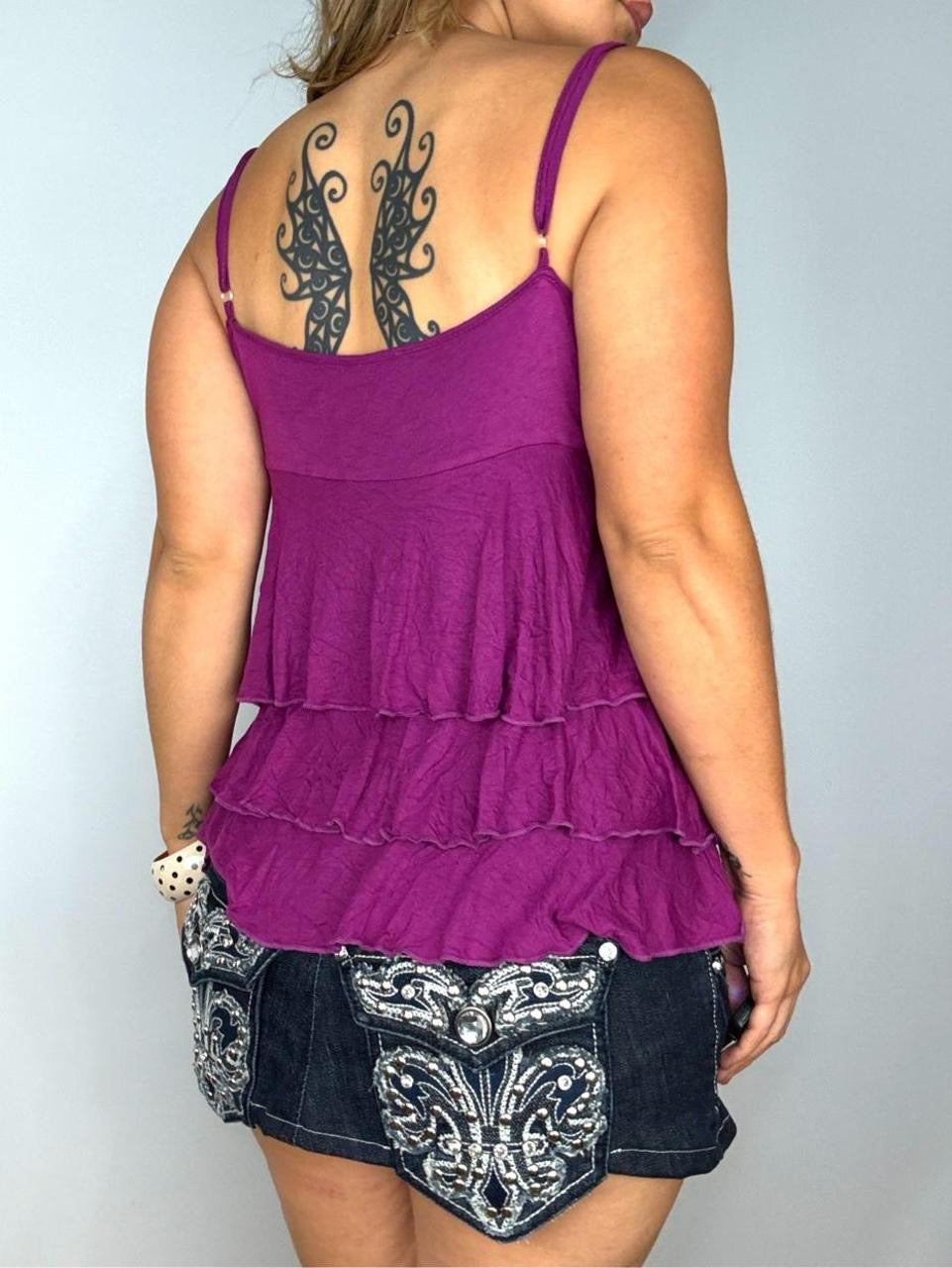 Morgan De Toi Tiered Fuchsia Rhinestone Babydoll Tank Top (M)