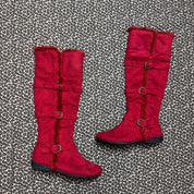 Y2K Red Faux Fur Trim Knee High Buckle Boots (9)