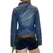 Y2K Asymetrical Zip Cropped Denim Moto Jacket (M)