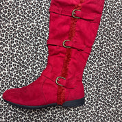 Y2K Red Faux Fur Trim Knee High Buckle Boots (9)