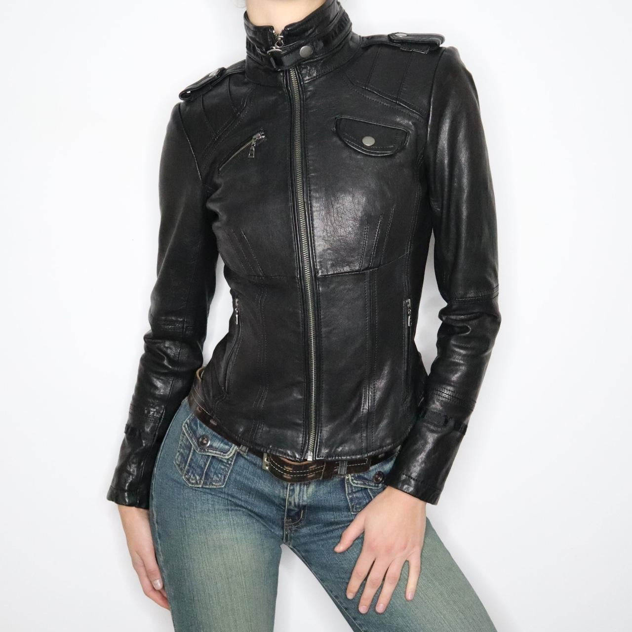 Y2K Sexy Black Leather Moto Jacket (S)