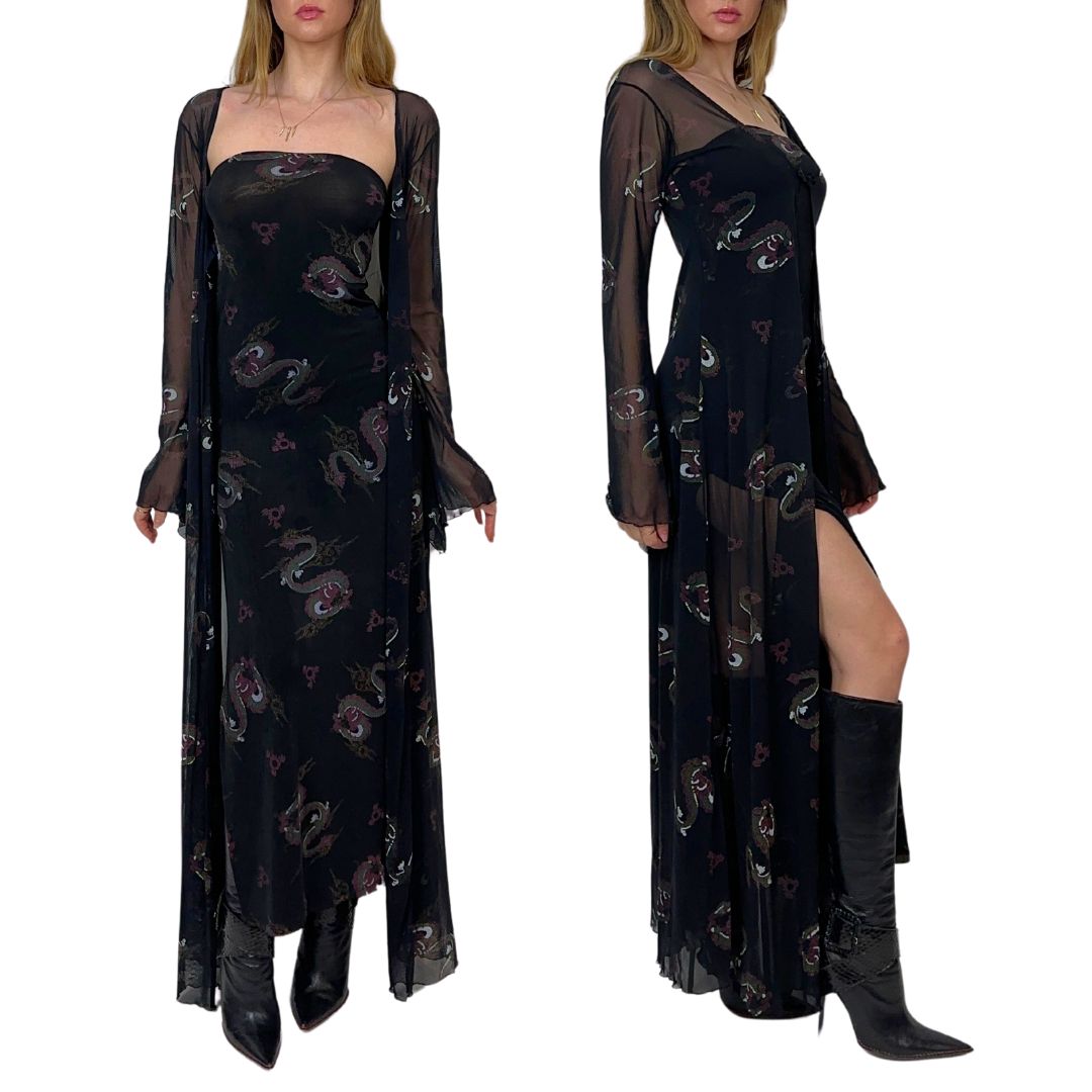 Vintage Dragon Print Slinky Dress + Duster Set (S)