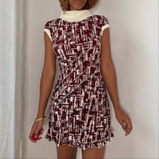 Italian vintage 2000s burgundy cream & black geometric print slinky mini dress with knit turtleneck
