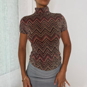 Italian Vintage Brown Copper Metallic Chevron Zigzag Knit Short Sleeve Turtleneck Top