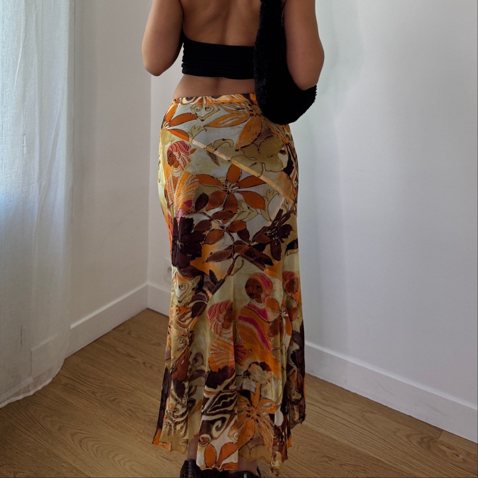 French Vintage Abstract Tribal Mesh Maxi Skirt (S) ⠀
