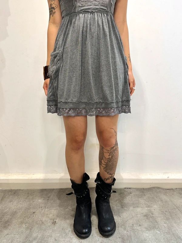 Vintage Superdry 2010s Coquette Jersey Lace Ruffle Mini Dress (XS)