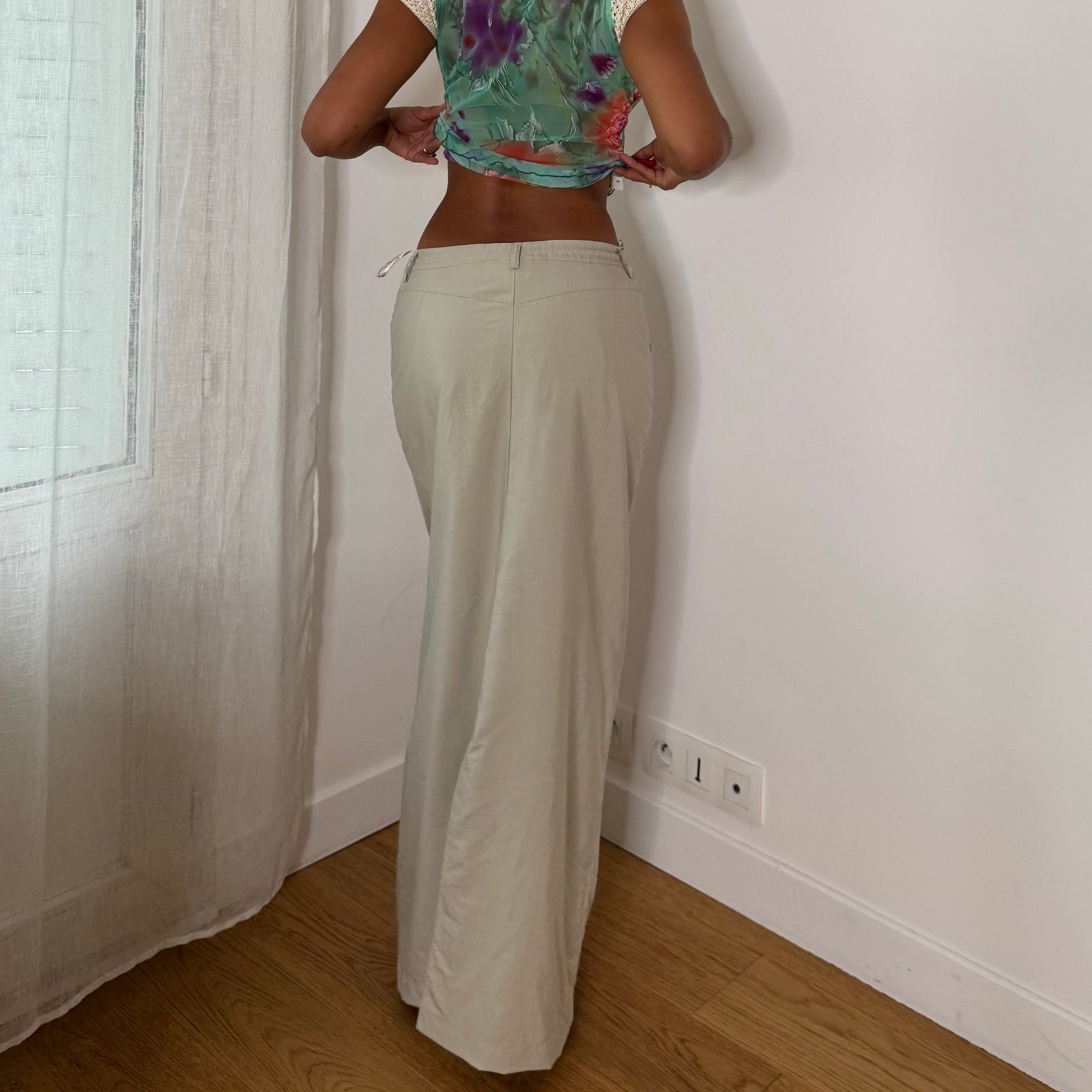 Euro vintage Y2K ivory cream low-rise cargo maxi skirt with drawstring waist & utility pockets