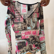 French vintage turquoise and pink graphic print sheer mesh long sleeve top