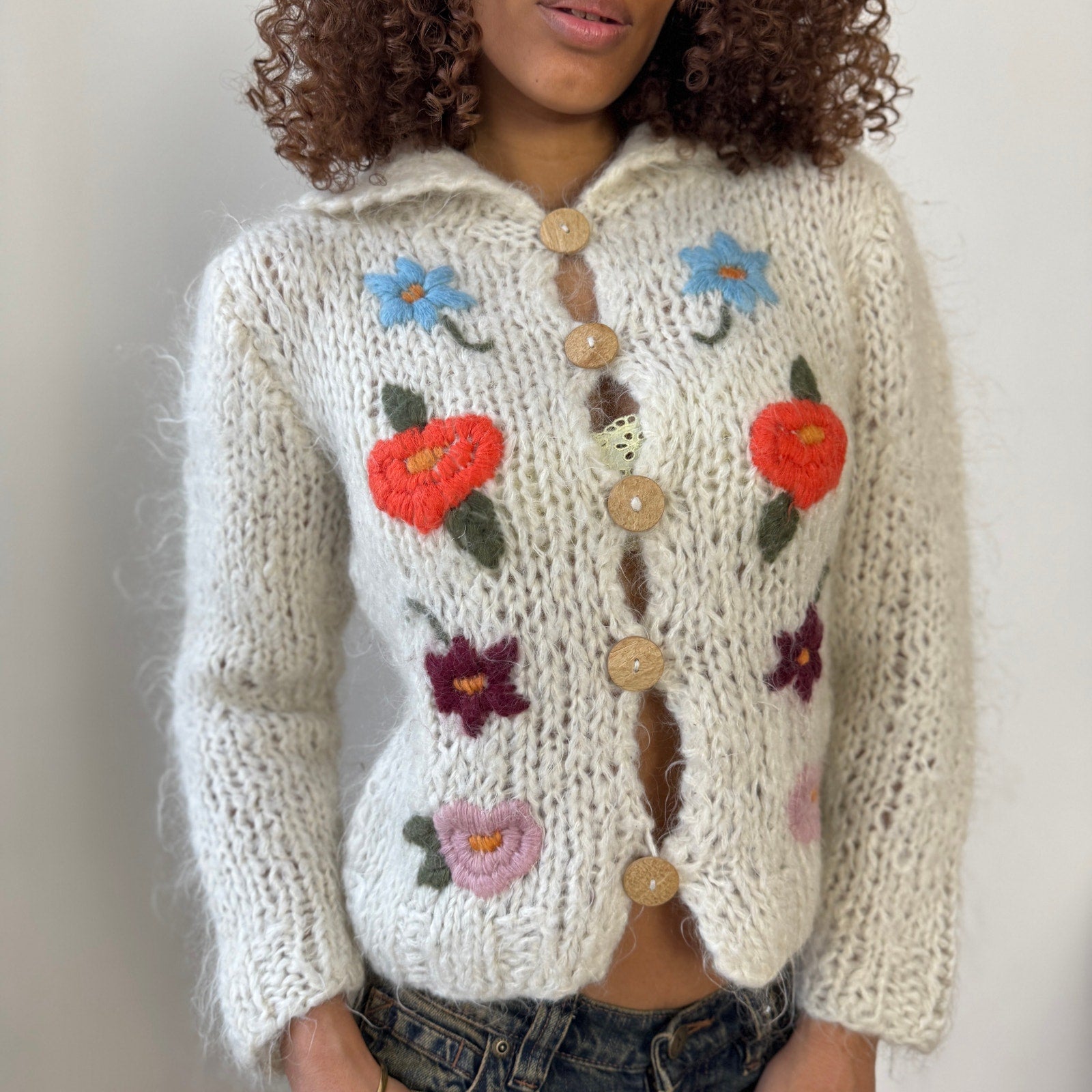 Vintage Italian Mohair Knit Cardigan with Embroidered Florals (S 