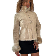 Vintage Mango Beige Taupe Genuine Pigskin Leather Faux Fur Leopard Lined Zip Up Jacket