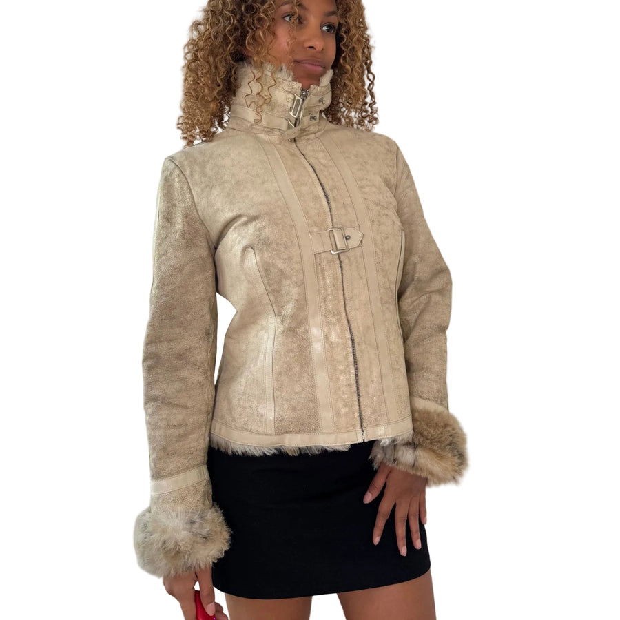 Vintage Mango Beige Taupe Genuine Pigskin Leather Faux Fur Leopard Lined Zip Up Jacket