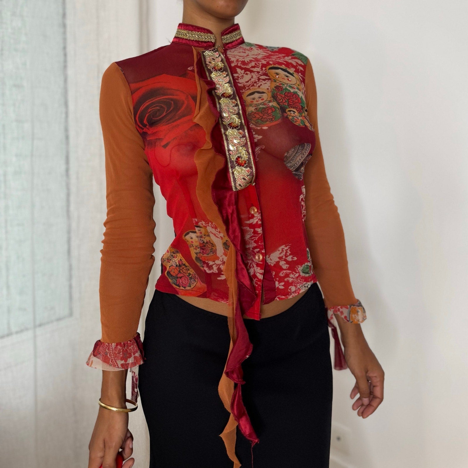 Rare Italian vintage red orange graphic print semi-sheer mesh top with sequin