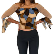 French vintage brown & blue patchwork print top with off shoulder neckline (M/L)