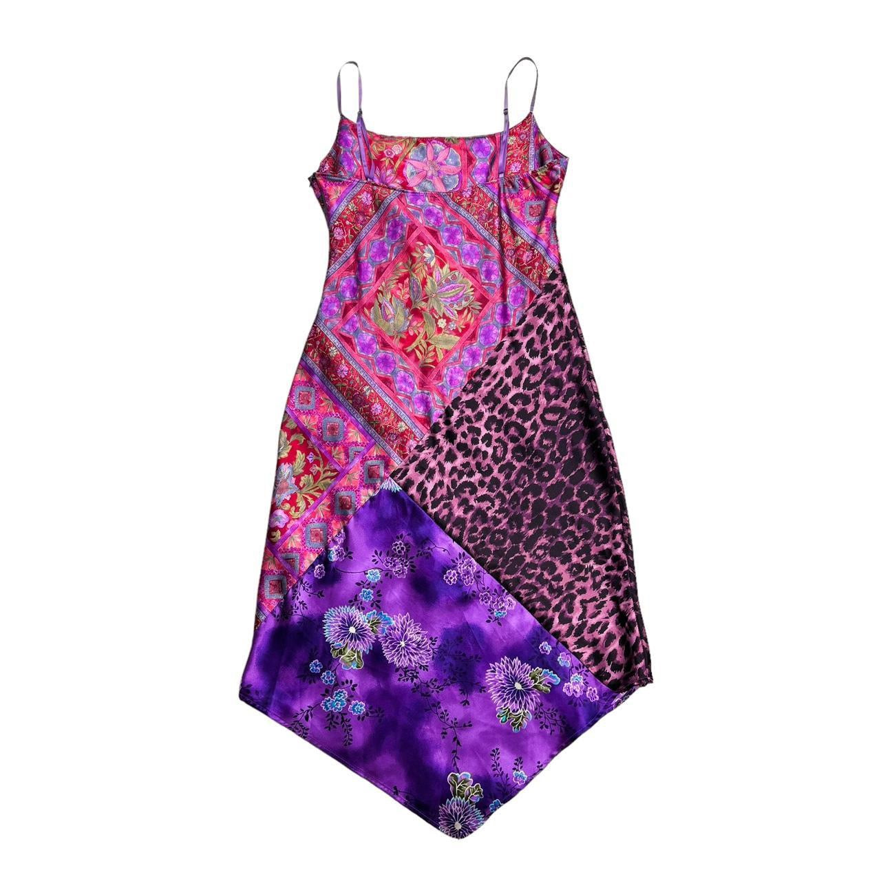 Y2K Satin Patchwork Midi Dress (M)