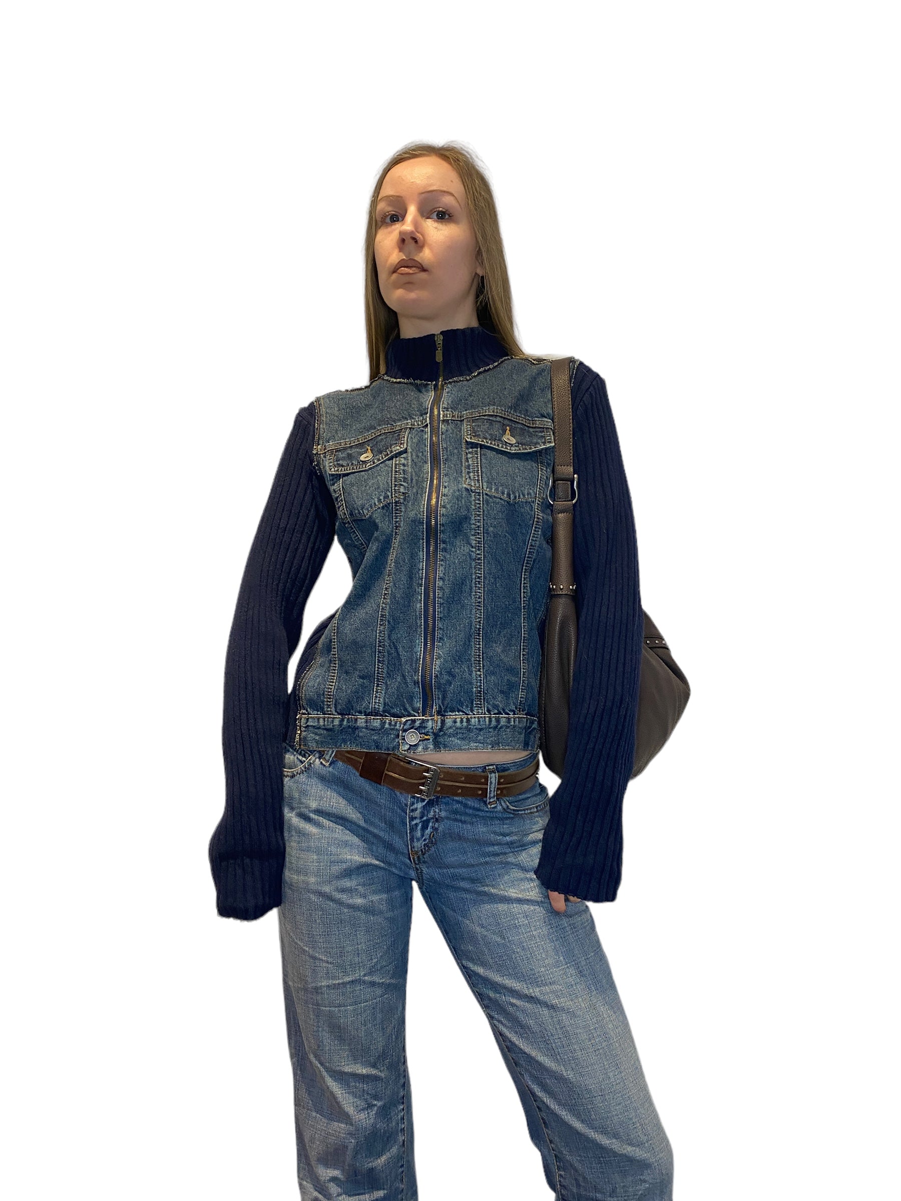 Vintage Denim Zip Up Knit Jumper (M)