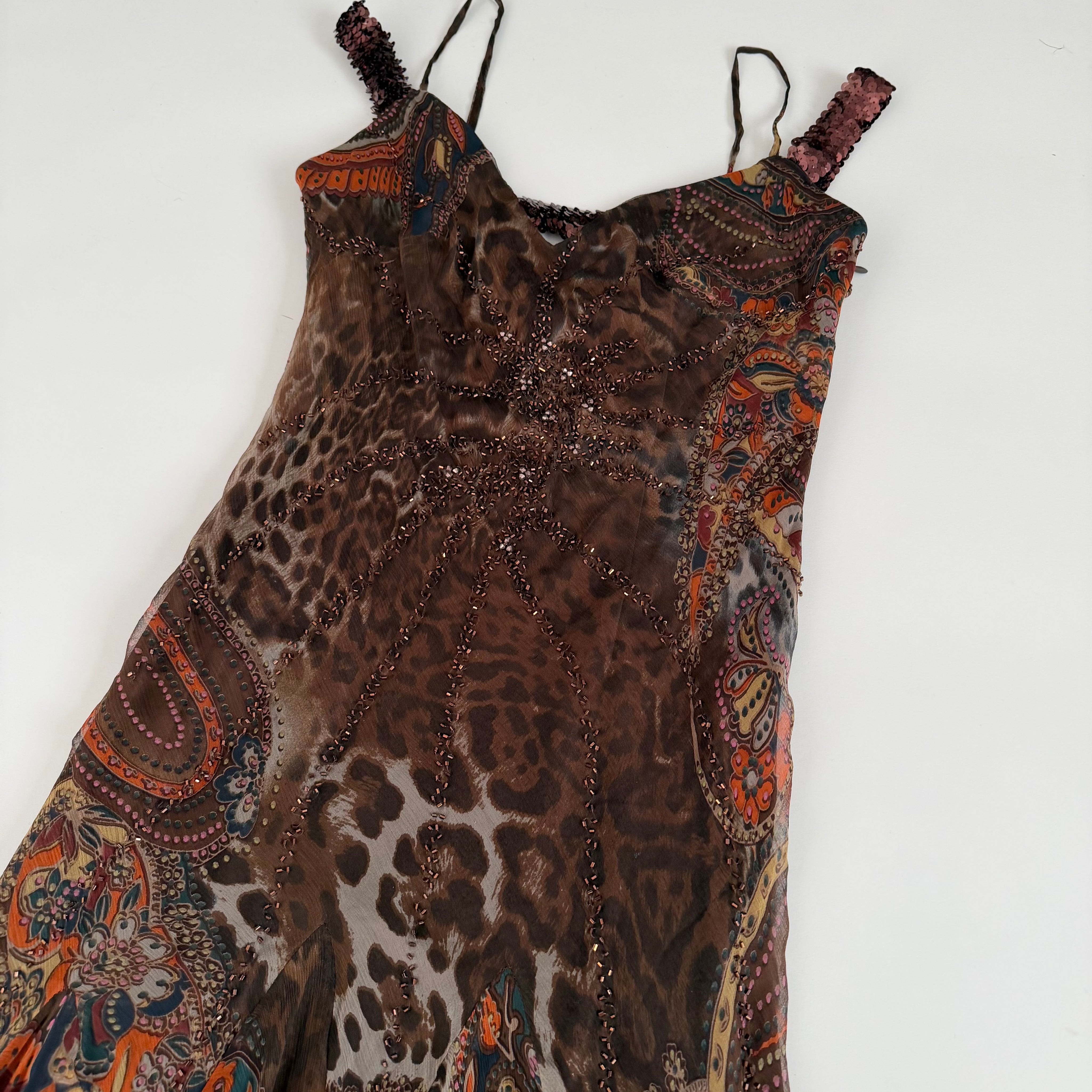Alberto Makali Silk Beaded Leopard Print Dress (S/M)
