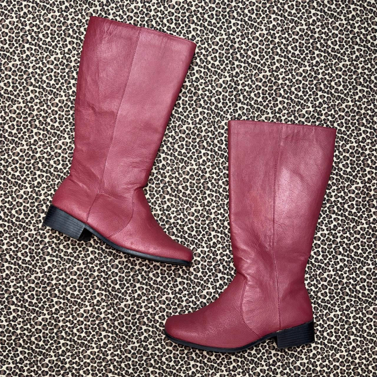 Burgundy Real Leather Knee High Block Heel Boots (10.5)