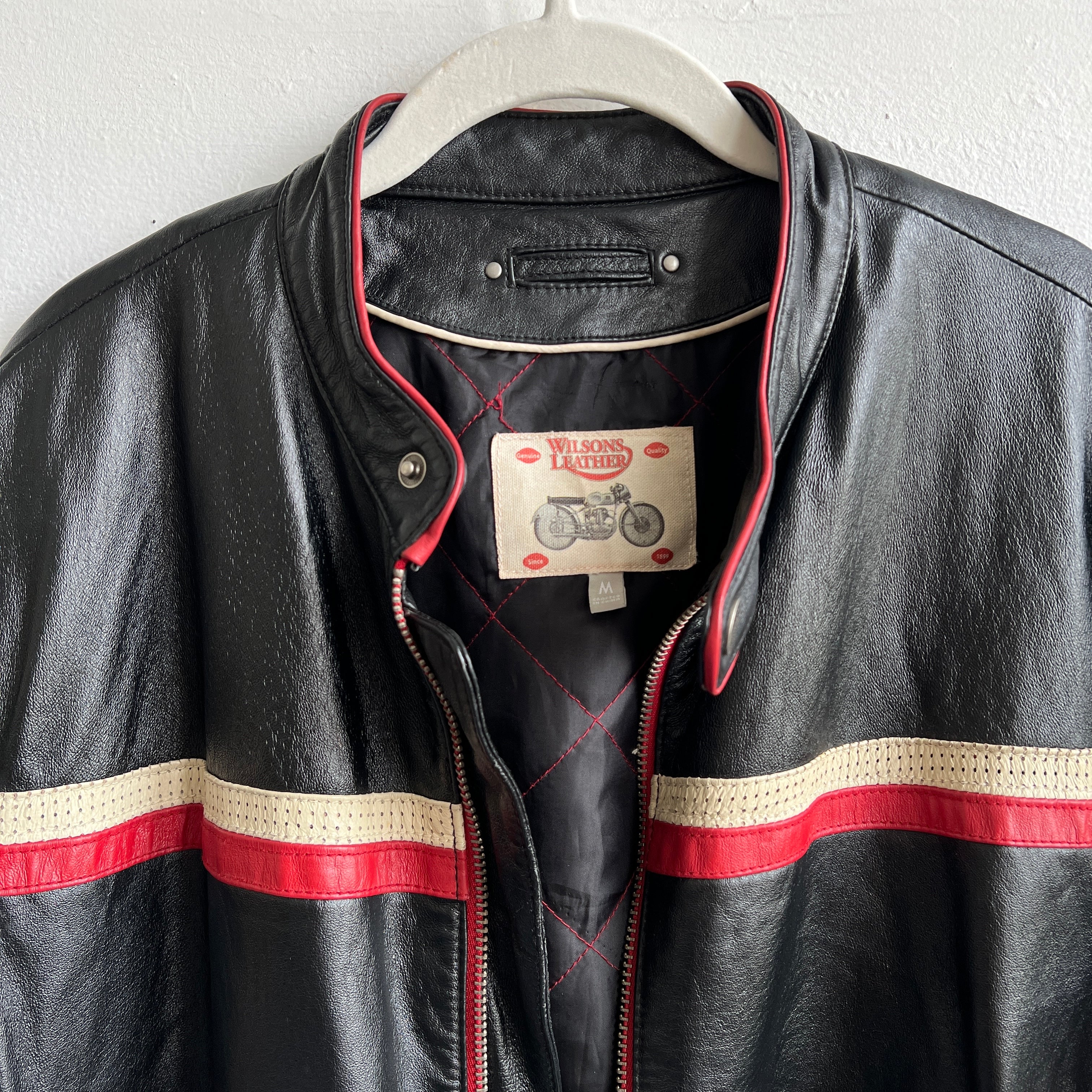 90s black leather stripe moto jacket - L/XL