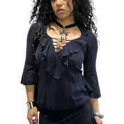 Vintage Italian Lace-up Front Ruffle Gothic Blouse (S/M)
