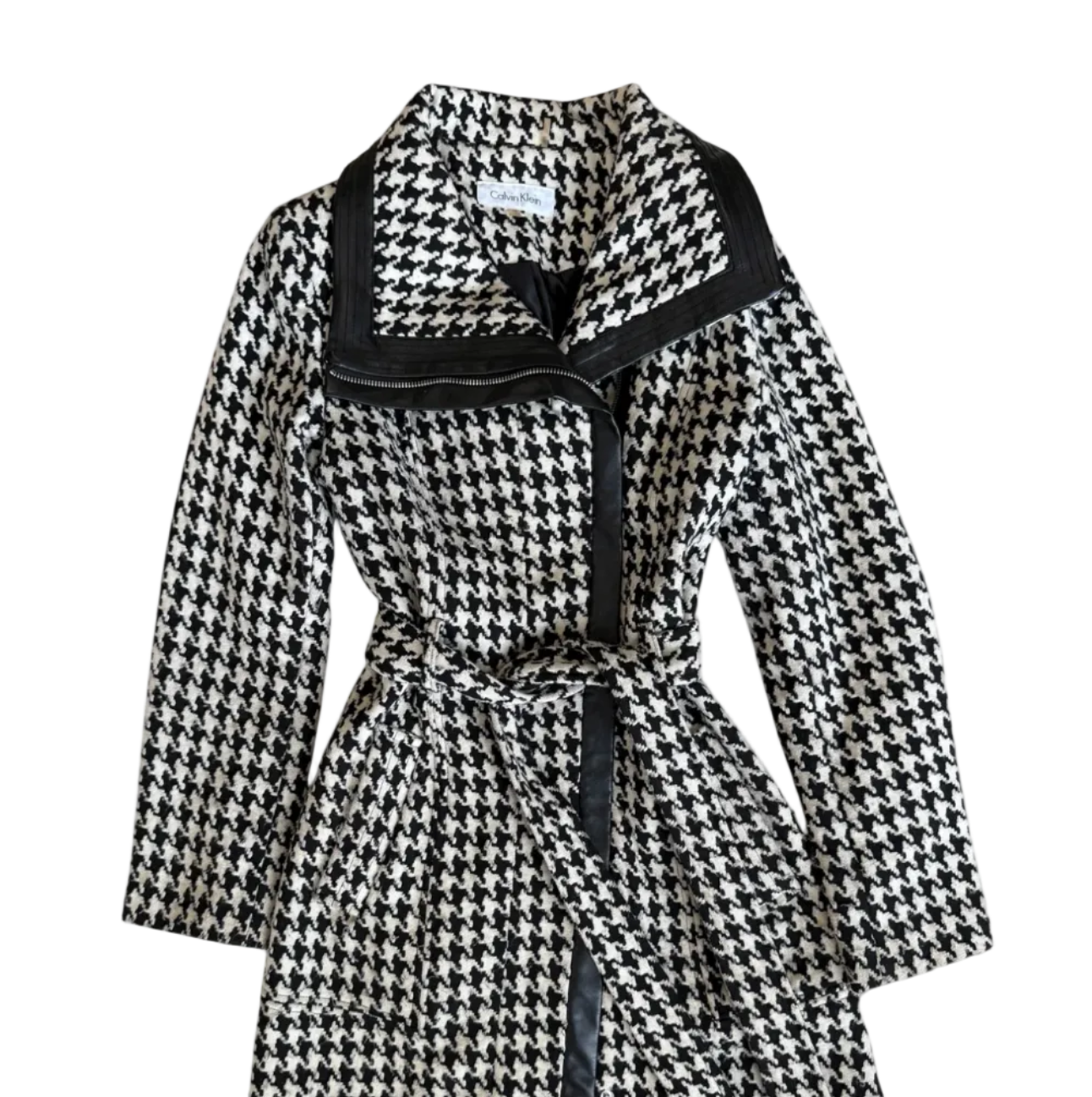 Calvin Klein Houndstooth Trench Coat With Leather Trim (M)