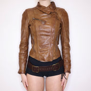 Y2K Sexy Brown Leather Moto Jacket (XS)