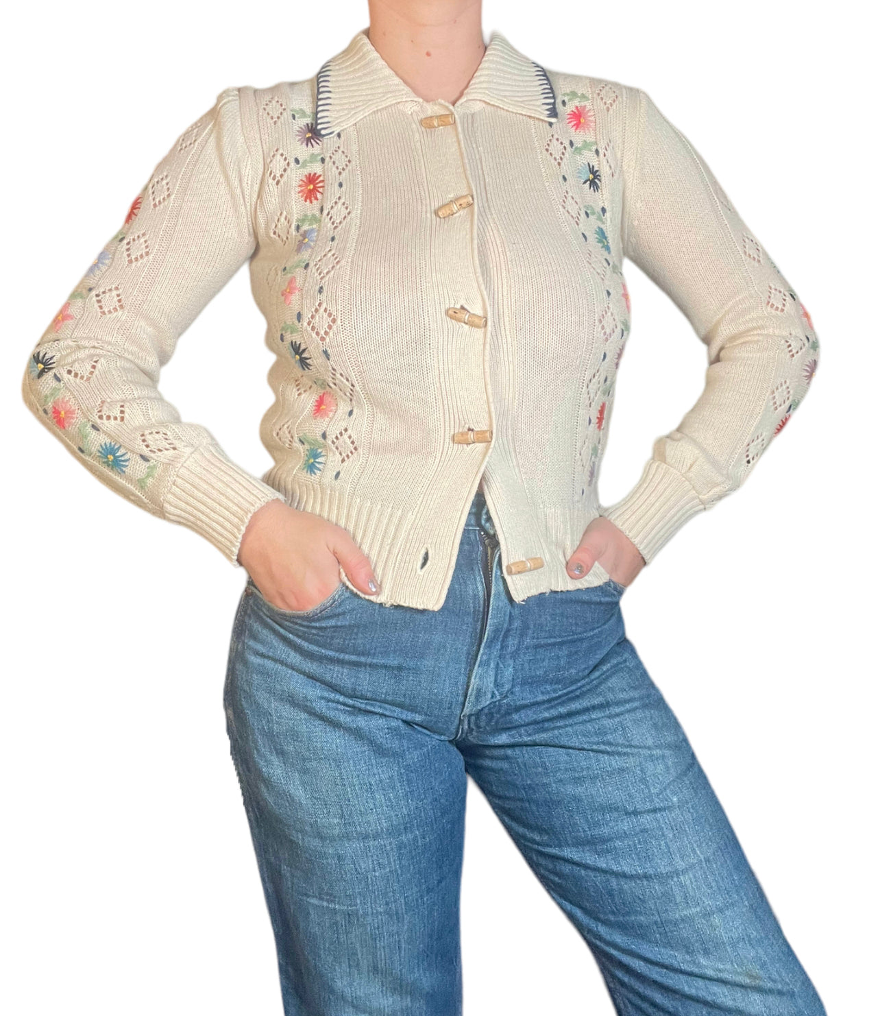 70s Cream Wool Embroidered Sweater (S/M)