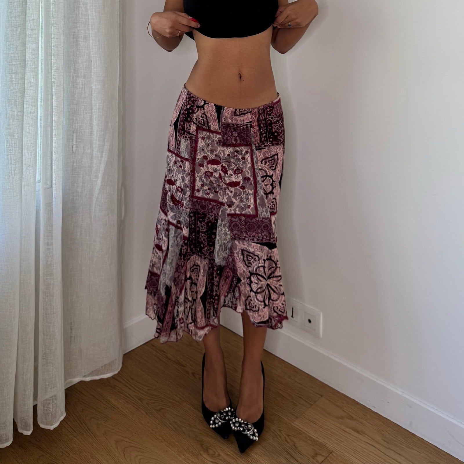 Vintage Pink Burgundy Patchwork Mesh Midi Skirt (S)