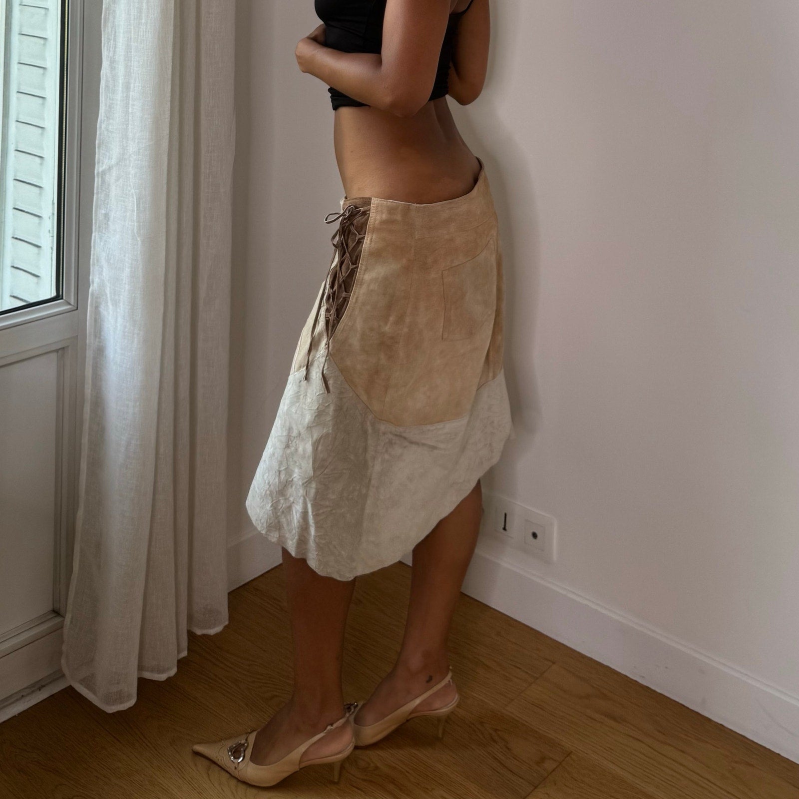 Vintage Italian Suede Leather Beaded Lace Up Skirt (S/M)