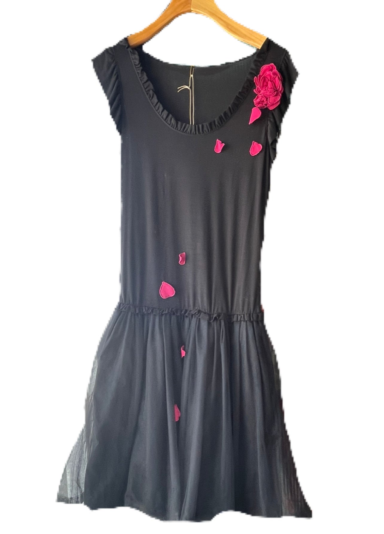 1990s Moschino Black Jersey Dress with Tulle Skirt and Red Hearts (S/M)
