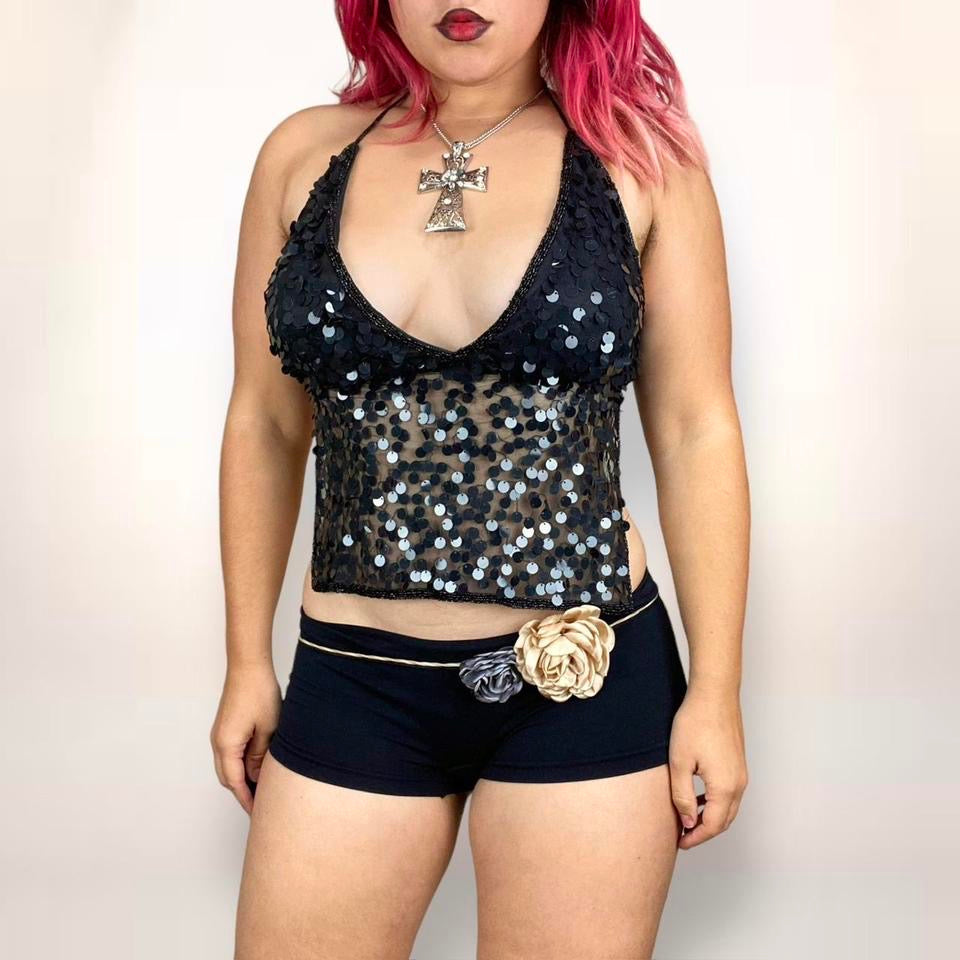 Y2K Beaded Backless Mesh Halter Top (One Size)