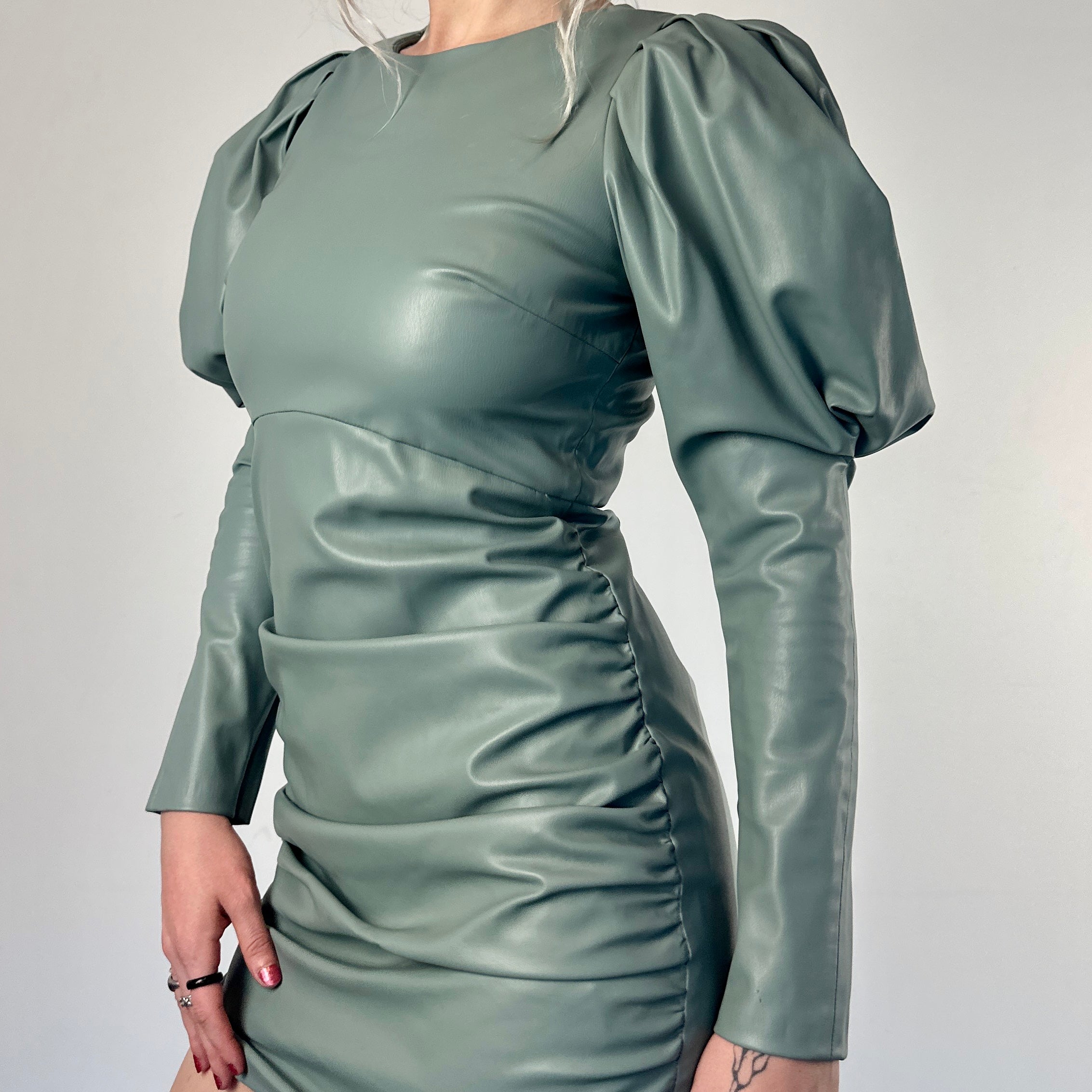 Faux Leather Puff Sleeve Mini Dress (S)