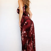 90s Burgundy Floral Maxi Dress - Medium