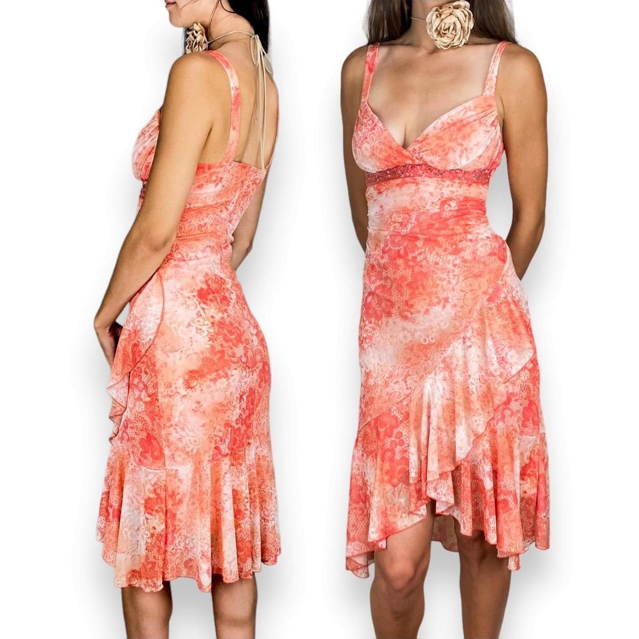 Y2K Peachy Floral Mesh Dress (XS)